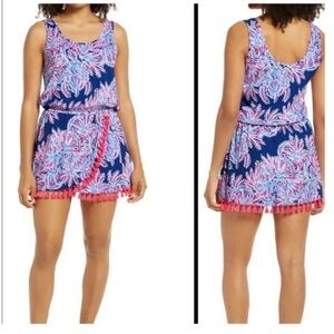 Lilly Pulitzer Jarret Romper Tropical Print Tassel Romper - Pink & Light Blue